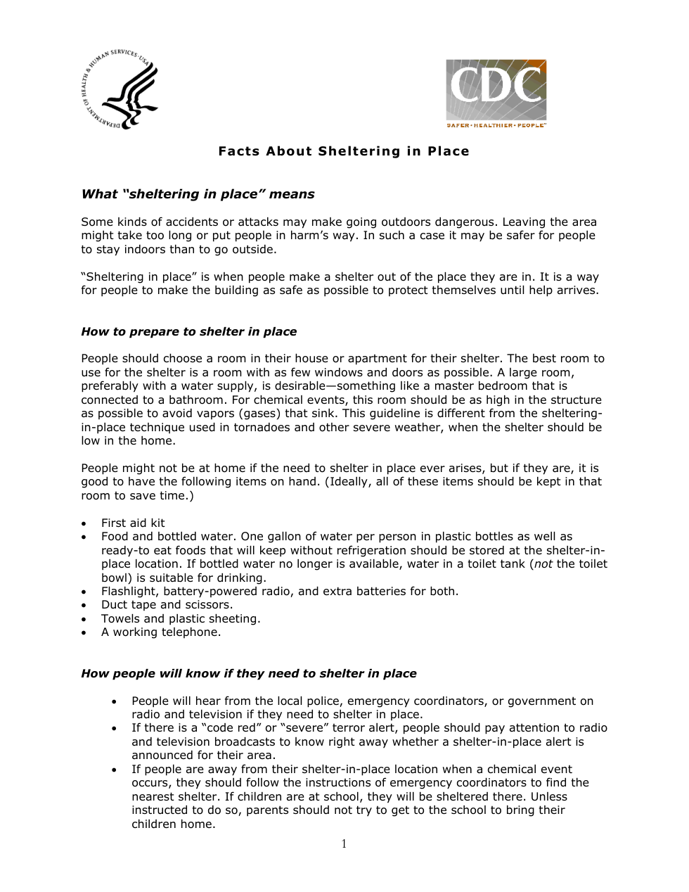CDC - Sheltering in Place (staying) 3 pages cover