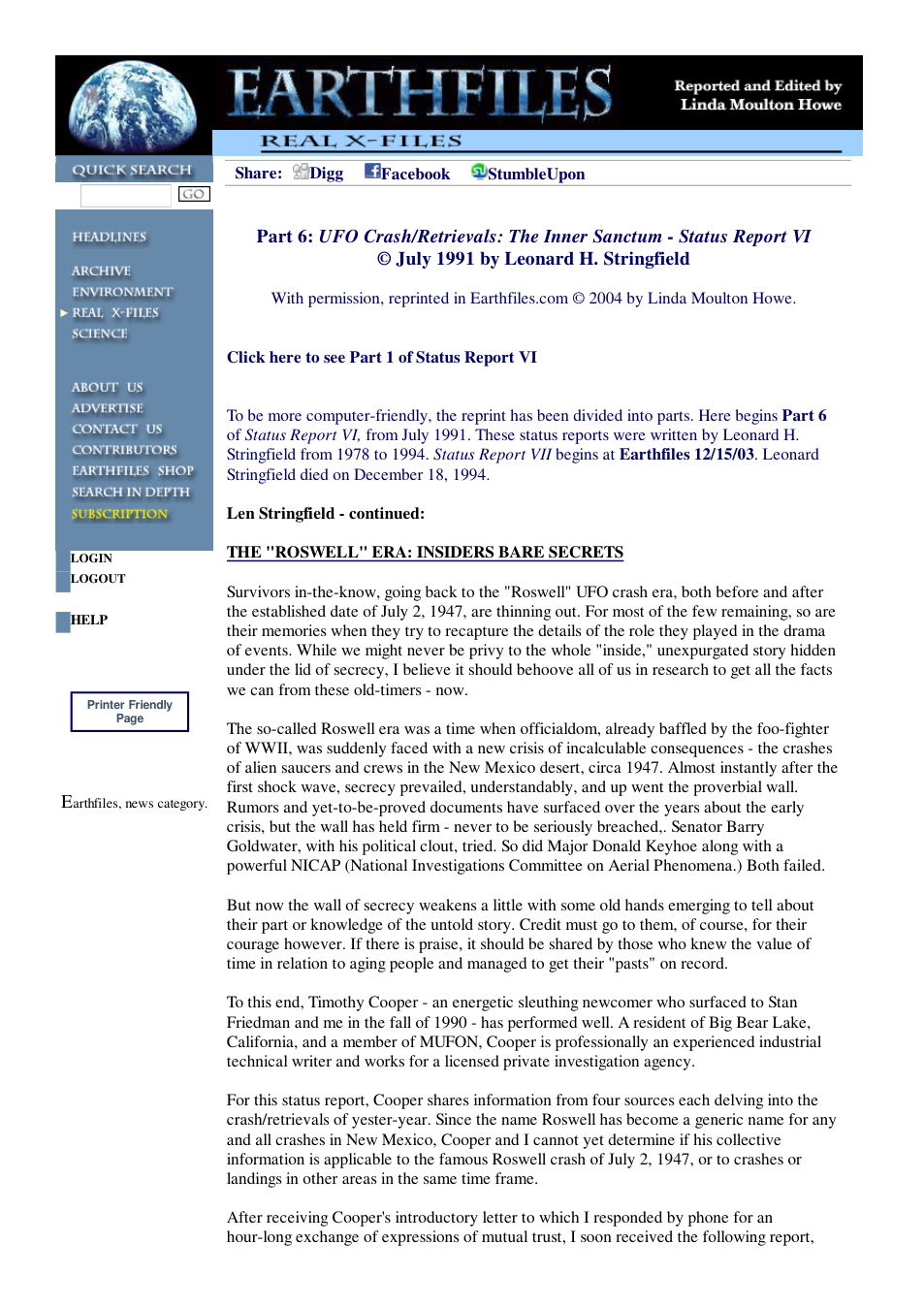 03 31 2004 Part 6 UFO Crash Retrievals The Inner Sanctum - Status Report VI July 1991 by Leonard H. Stringfield cover