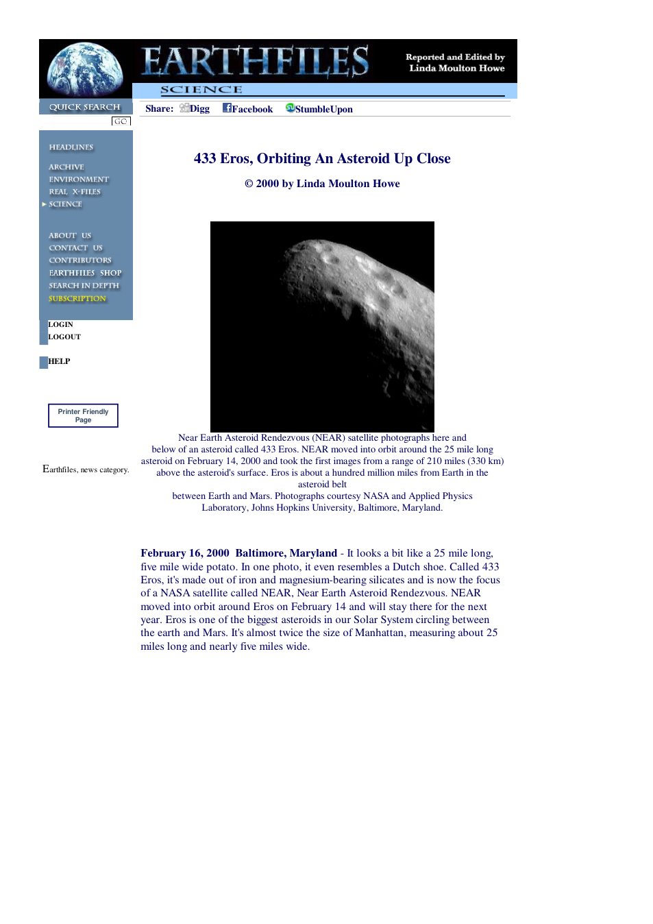 02 16 2000 433 Eros, Orbiting An Asteroid Up Close cover