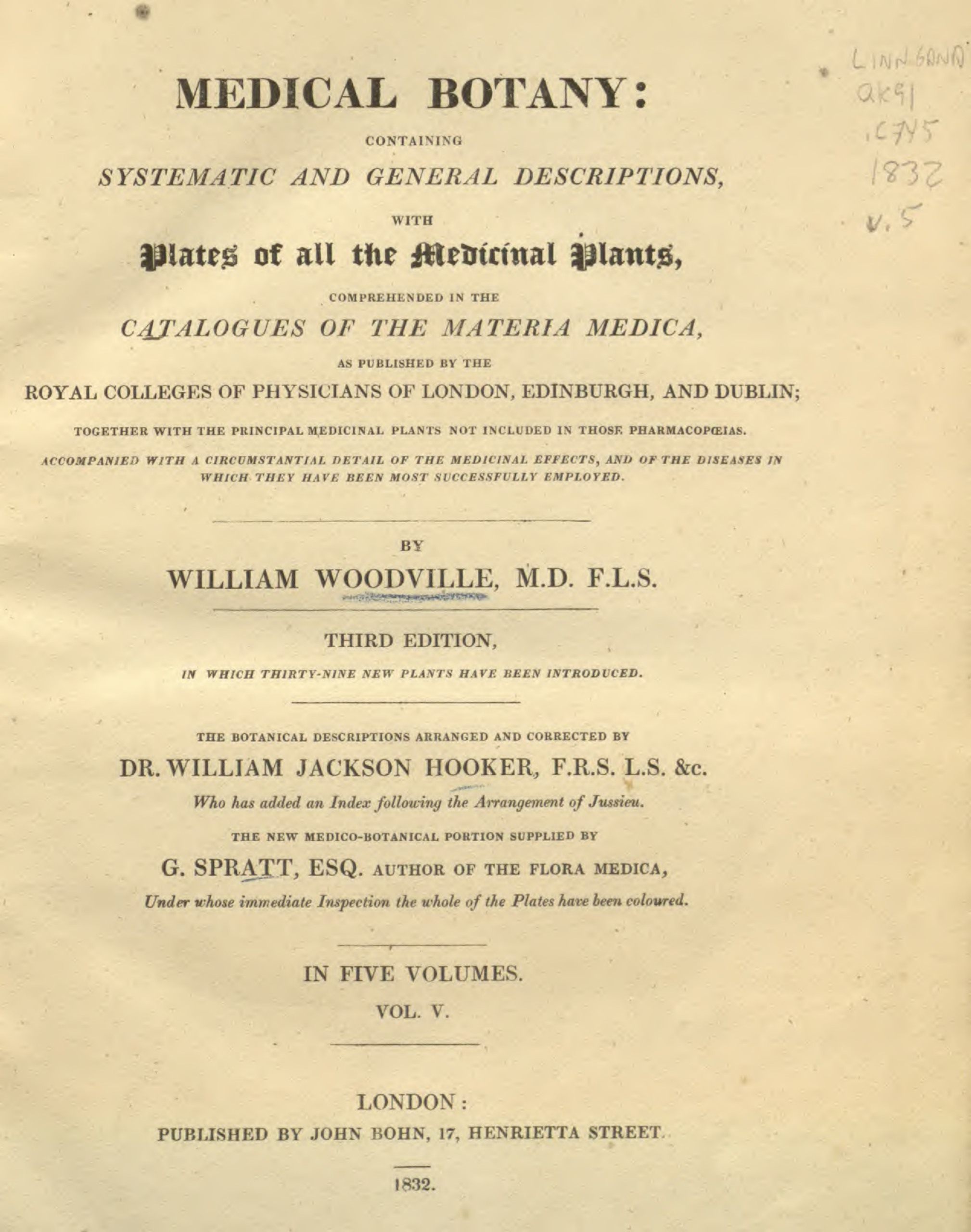 Medical botany - containing systematic and general descriptions, with plates of all the medicinal plants Vol 5 - W. J. Ho~1 cover