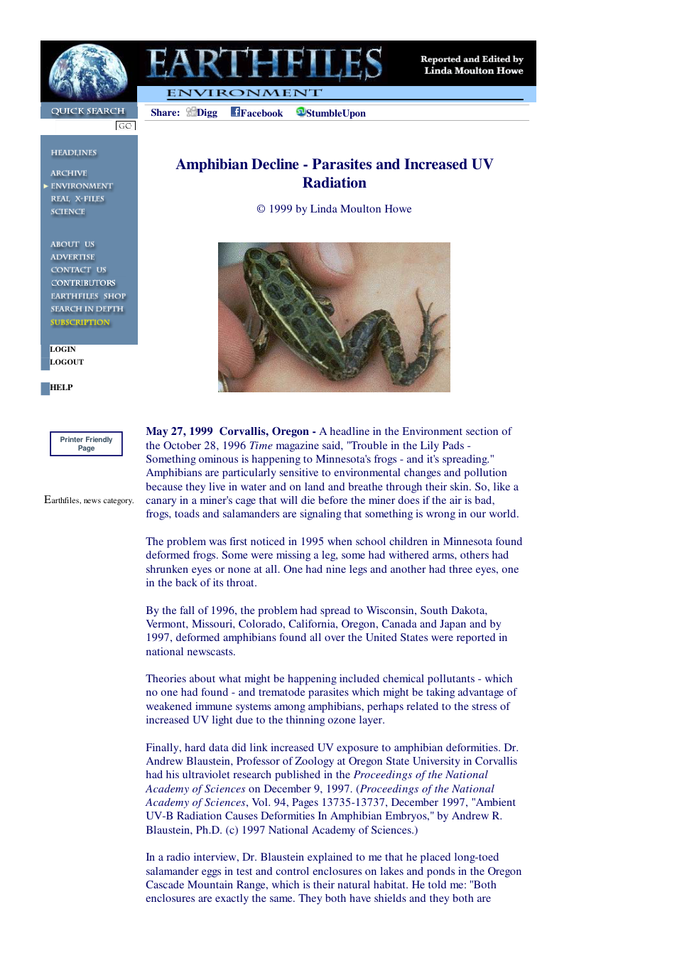 05 27 1999 Amphibian Decline - Parasites and Increased UV Radiation cover