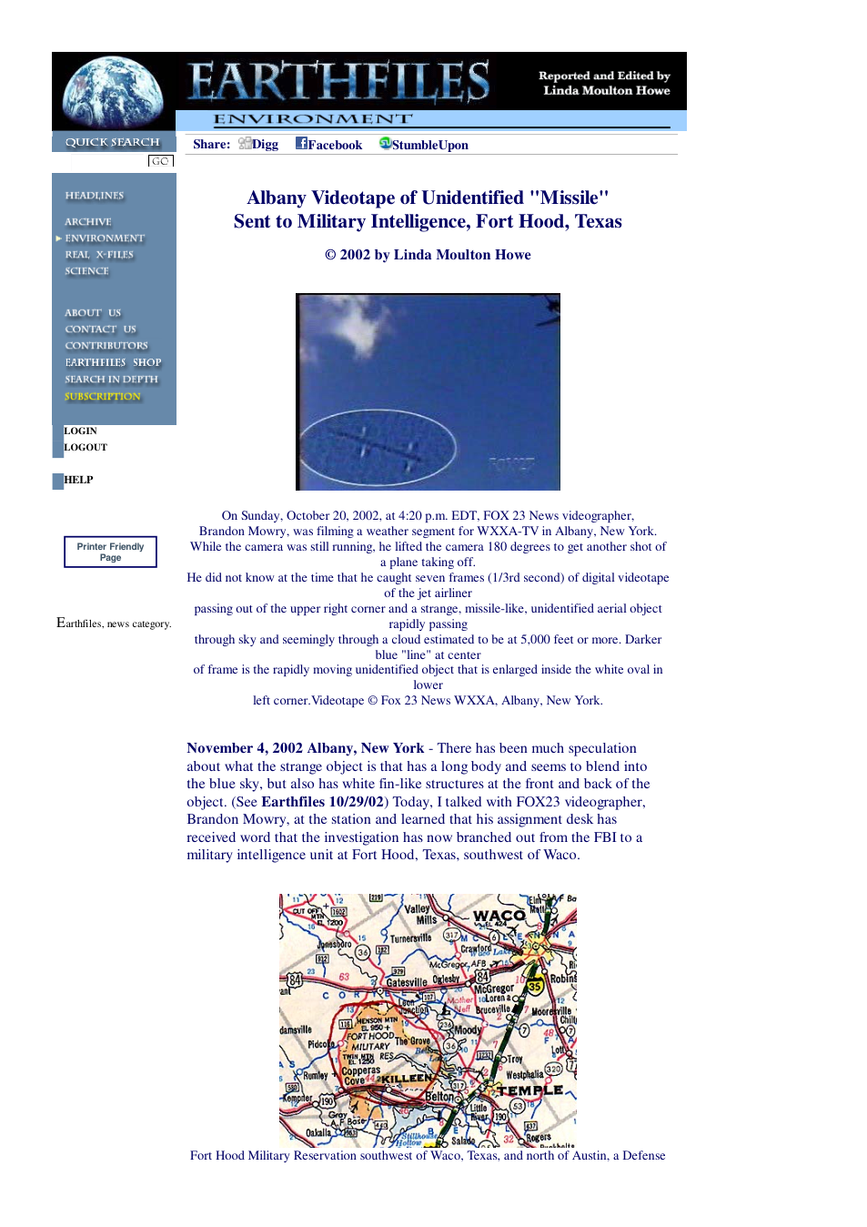 11 05 2002 Albany Videotape of Unidentified Missile Sent to Military Intelligence, Fort Hood, Texas cover