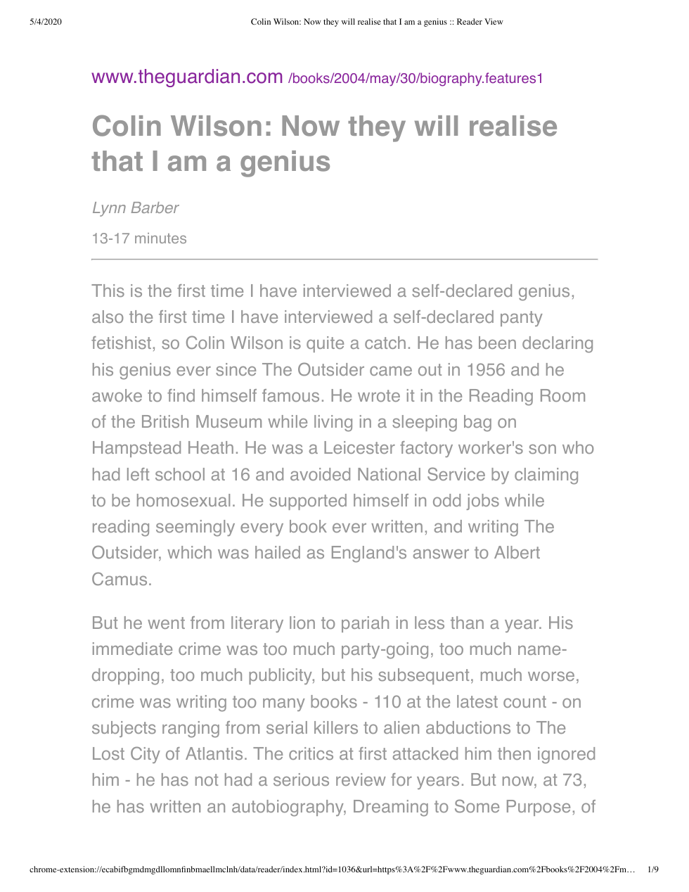 Colin Wilson - Interview - Now They Will Realise That I Am A Genius cover
