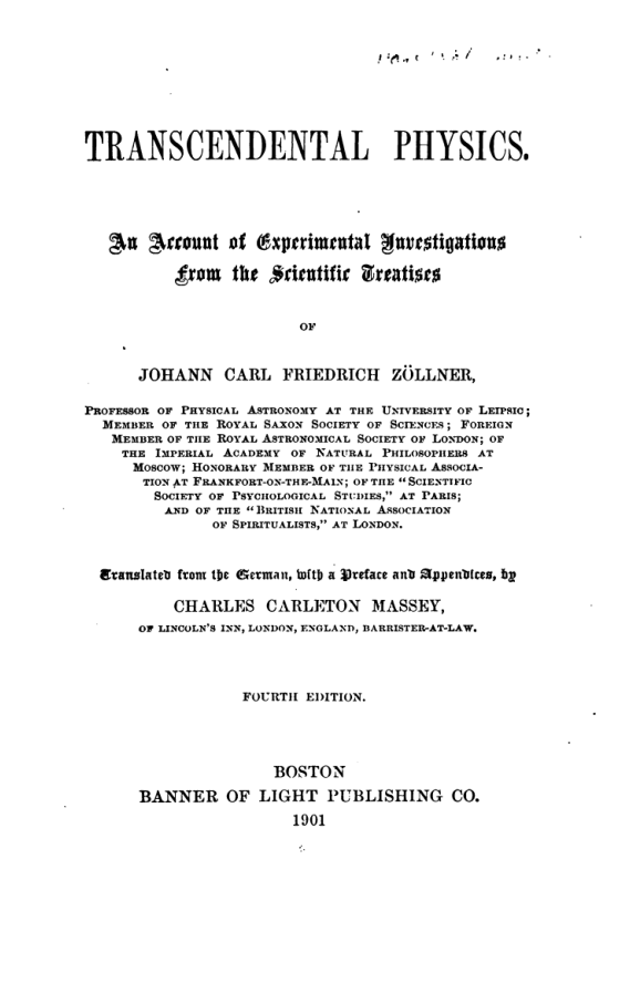 Transcendental Physics - J C F Zollner cover