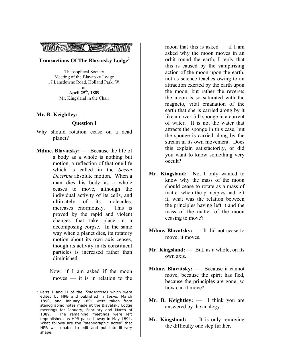 H P Blavatsky - Transactions of the Blavatsky Lodge Supplement cover