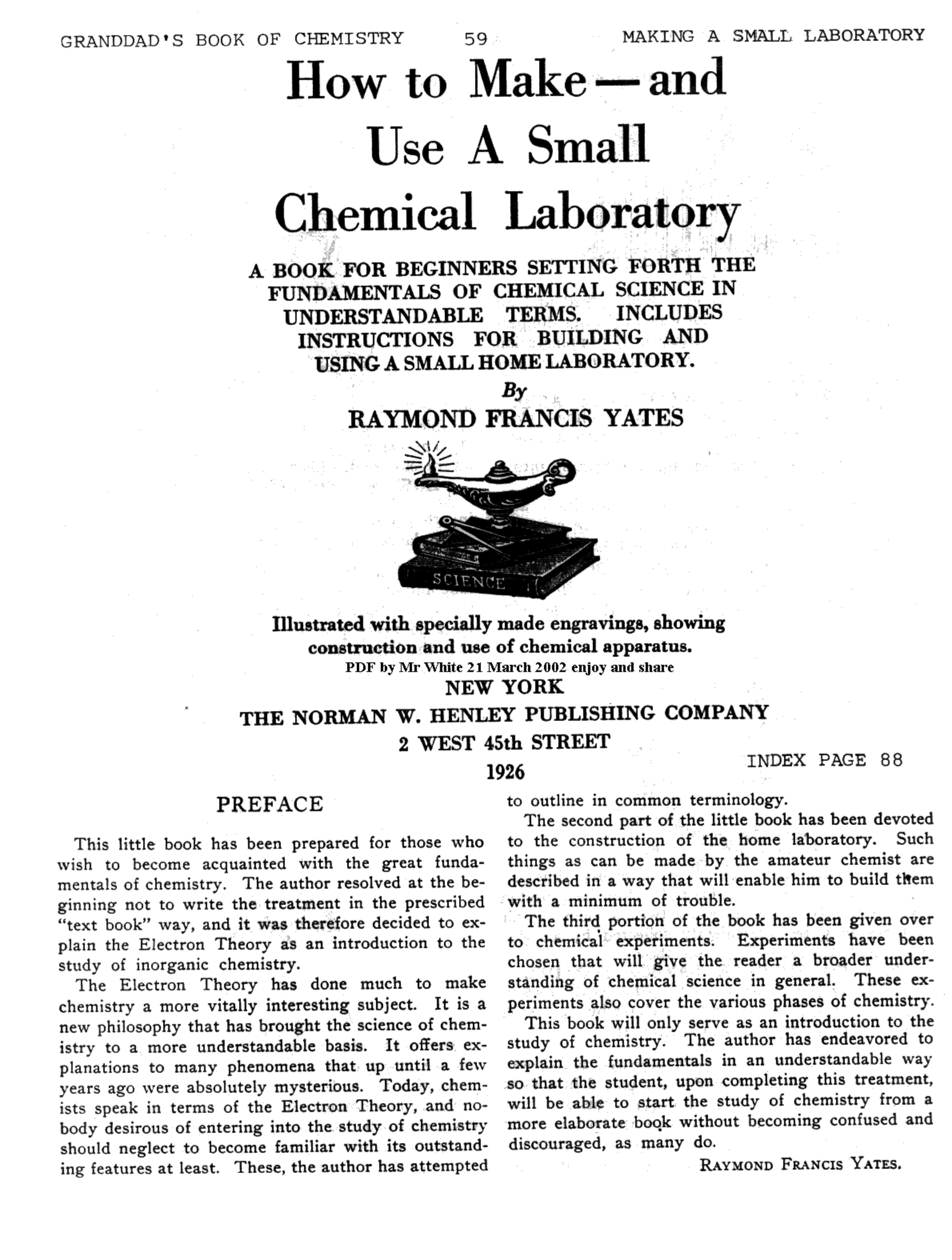 Construction and Use of a Small Chemistry Lab - Yares (1926) WW cover