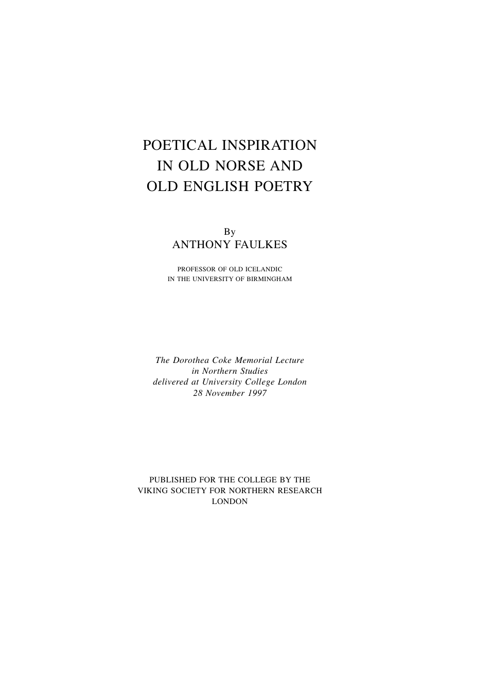 Anthony Faulkes - Poetical Inspiration in Old Norse and Old English Poetry cover
