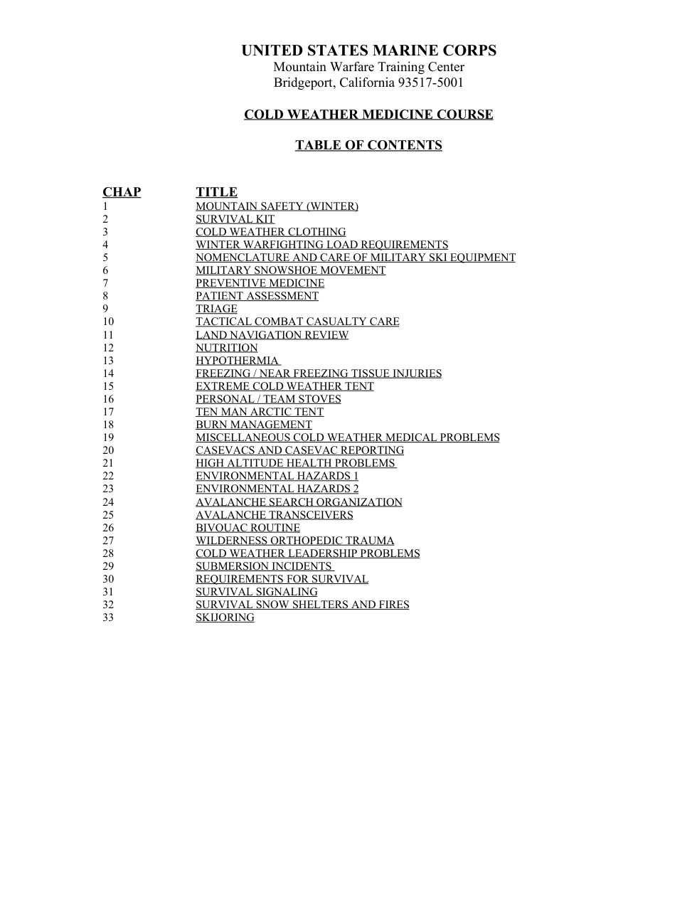 USMC MWTC Cold Weather Medicine Course 2001 289p. cover
