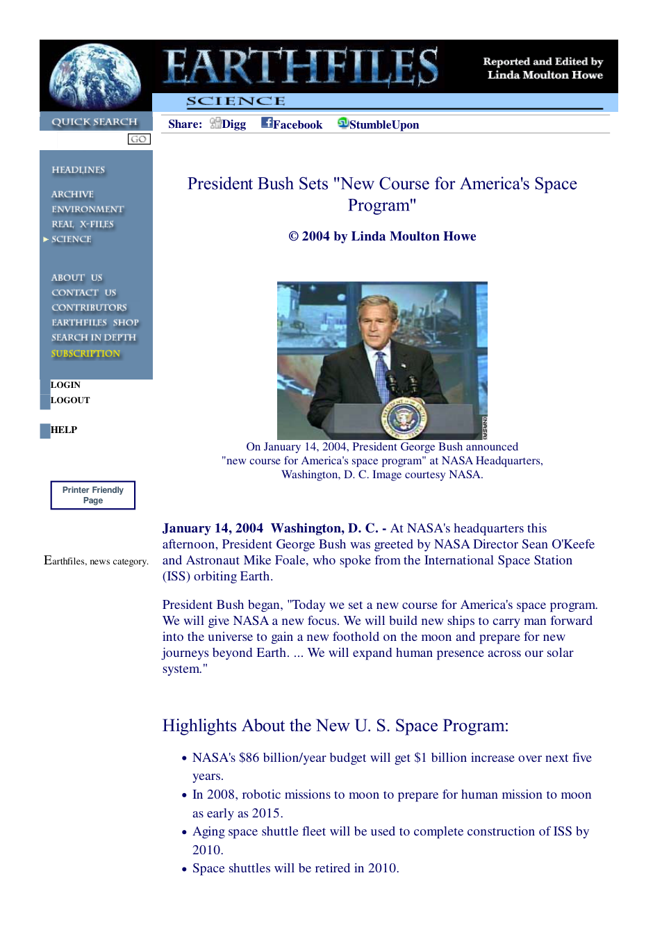 01 14 2004 President Bush's Sets New Course for America's Space Program cover