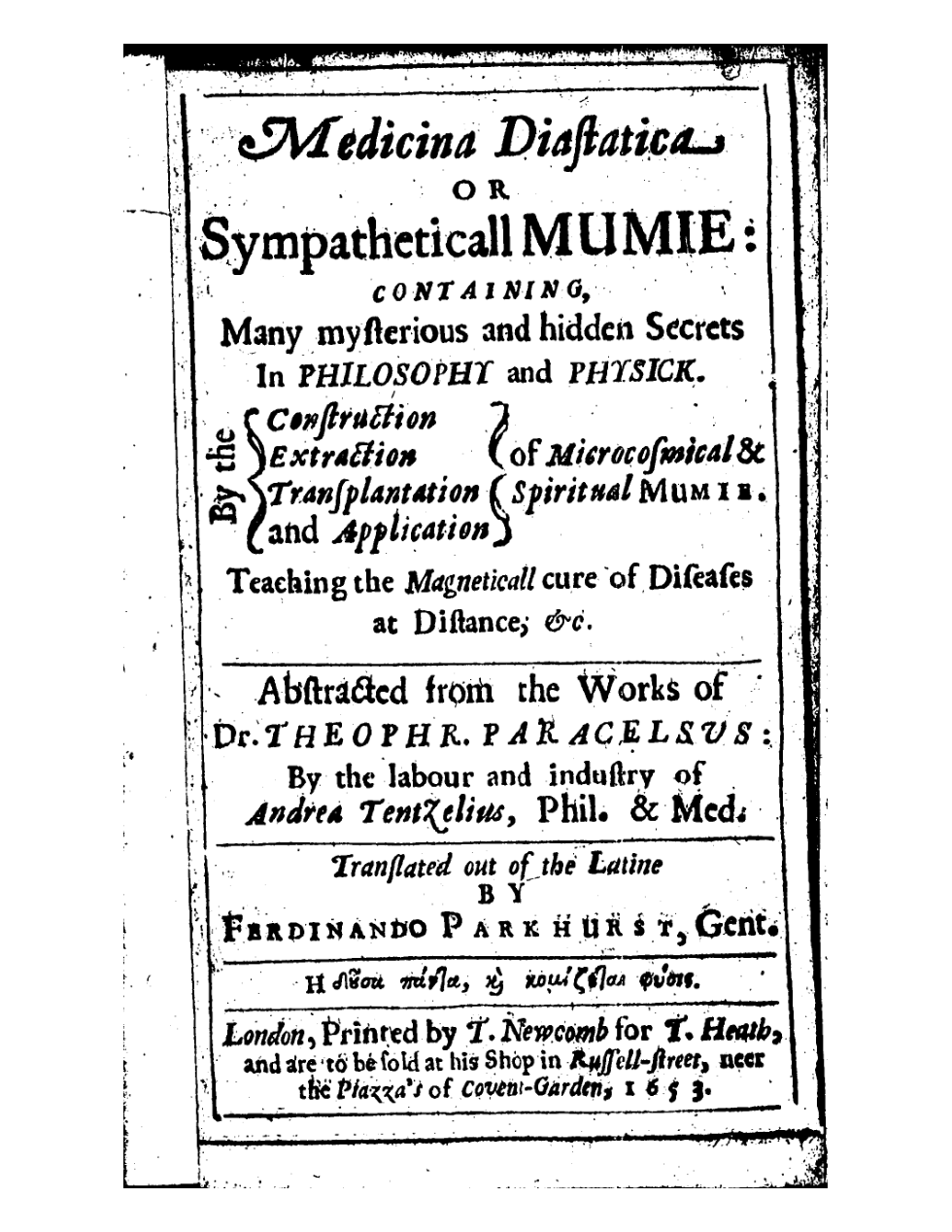 Paracelsus-Medicina diastatica or Sympatheticall cover