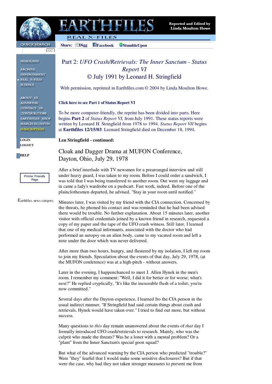 02 25 2004 Part 2 UFO Crash Retrievals The Inner Sanctum - Status Report VI July 1991 by Leonard H. Stringfield cover
