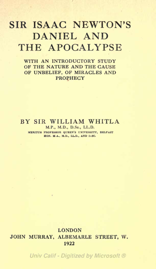 Sir William Whitla - Sir Isaac Newton's Daniel and the Apocalypse (1922) cover