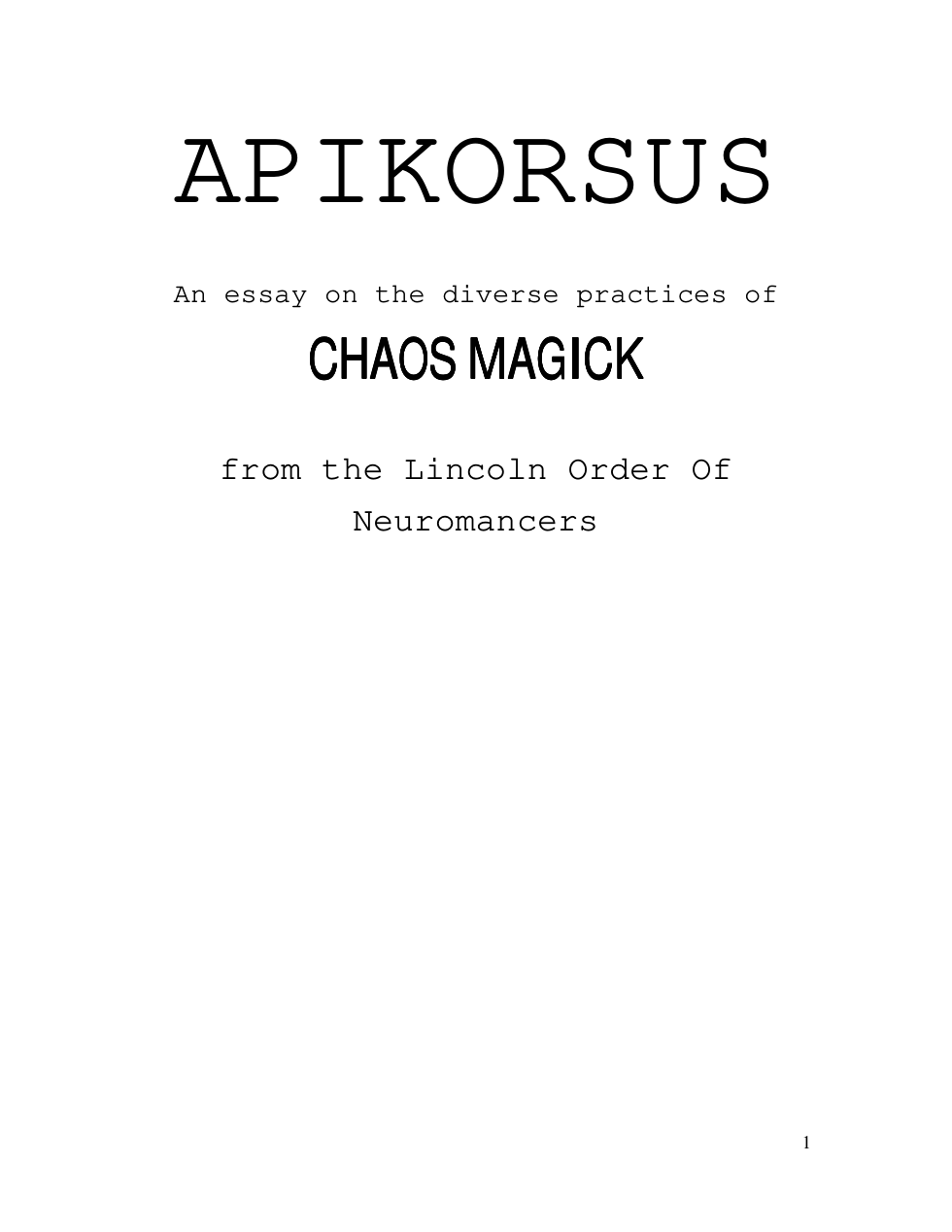 Apikorsus - An Essay On The Diverse Practices Of Chaos Magick(1986) cover