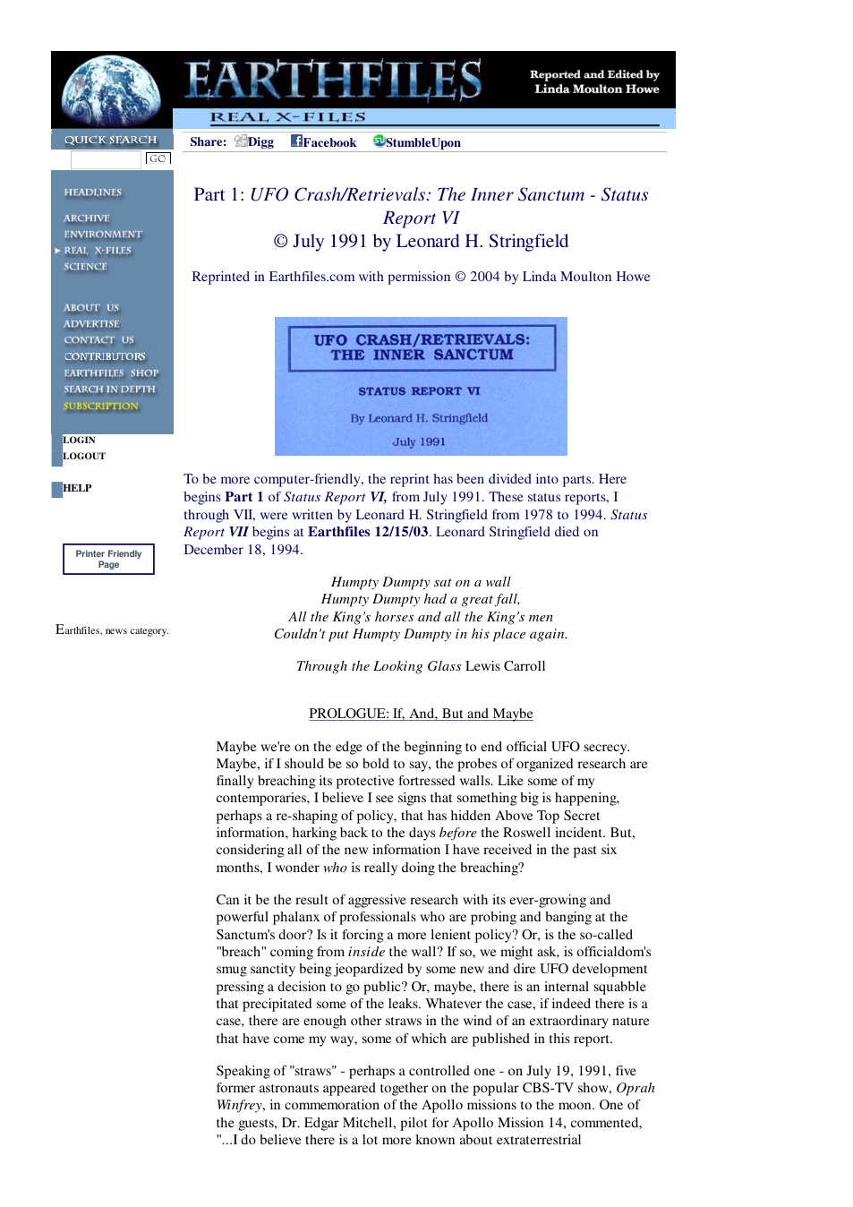 02 24 2004 Part 1 UFO Crash Retrievals The Inner Sanctum - Status Report VI July 1991 by Leonard H. Stringfield cover