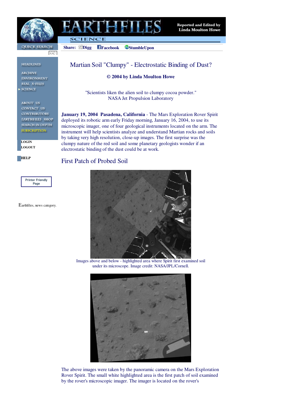 01 19 2004 Martian Soil Clumpy - Electrostatic Binding of Dust cover