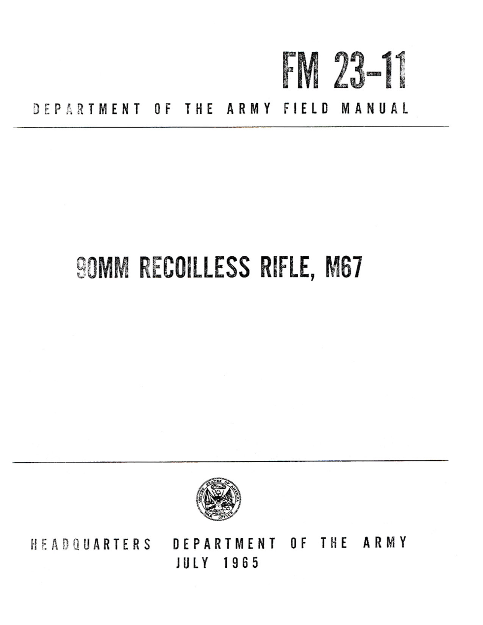 ARMY Vietnam - 90mm Recoilless Rifle M67 1965 71 pages cover