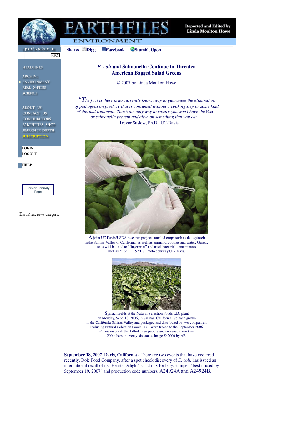 09 18 2007 E. coli and Salmonella Continue to Threaten American Bagged Salad Greens cover