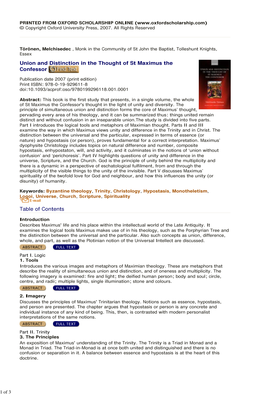 Melchisedec Toronen - Union and Distinction in the Thought of St. Maximus the Confessor cover
