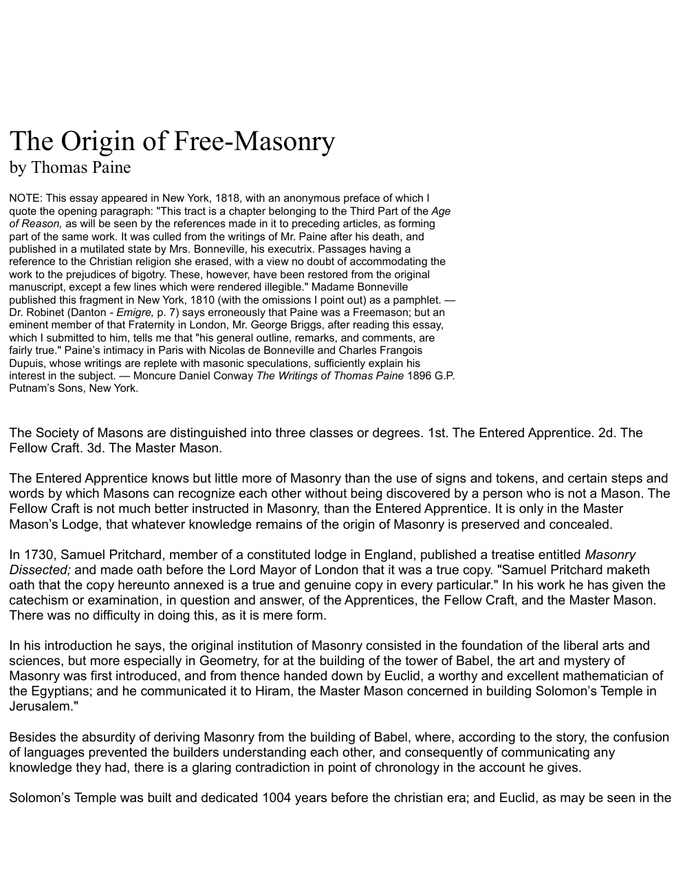 Thomas Paine - The Origin of Freemasonry cover