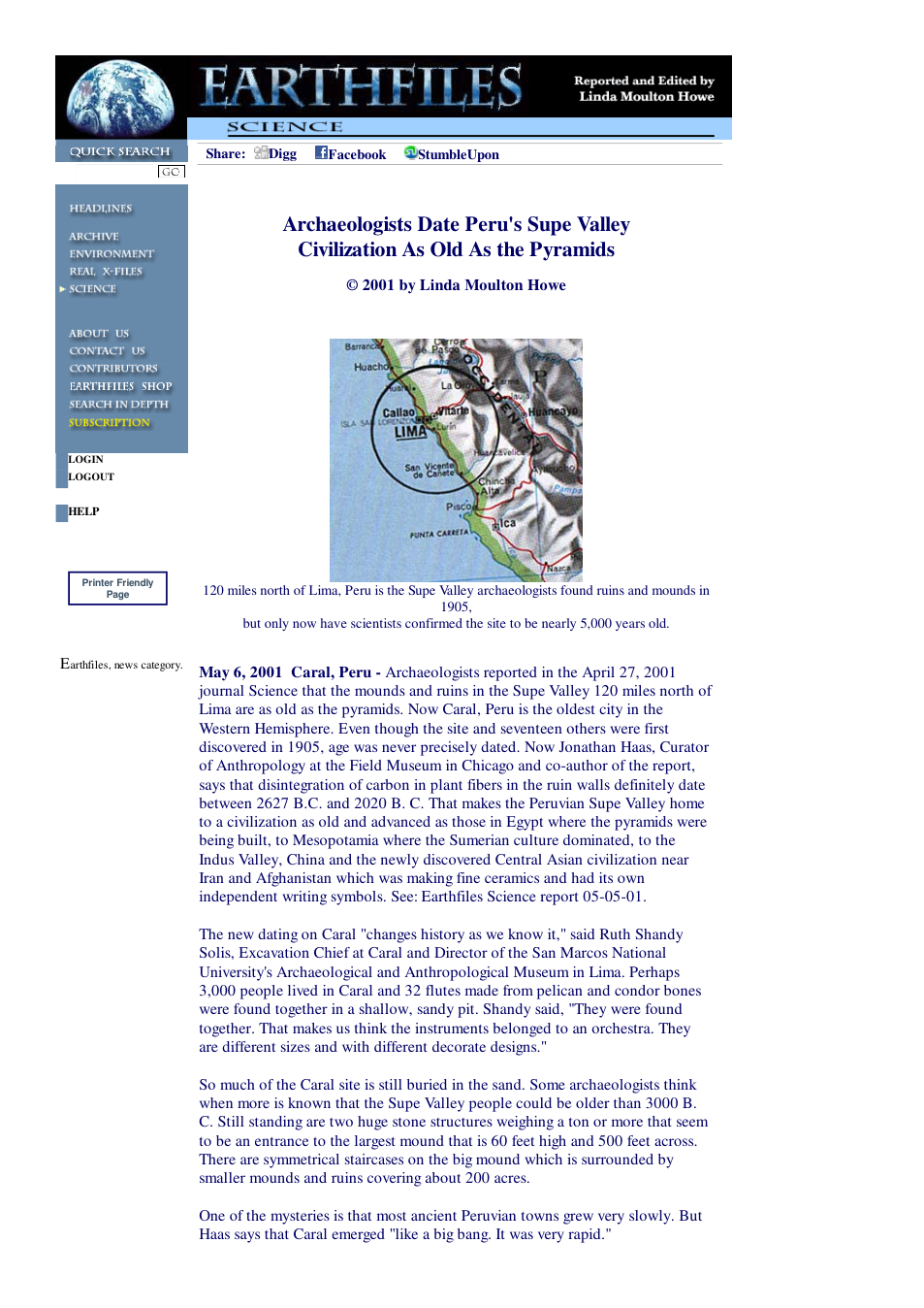 05 06 2001 Archaeologists Date Peru's Supe Valley Civilization As Old As the Pyramids cover