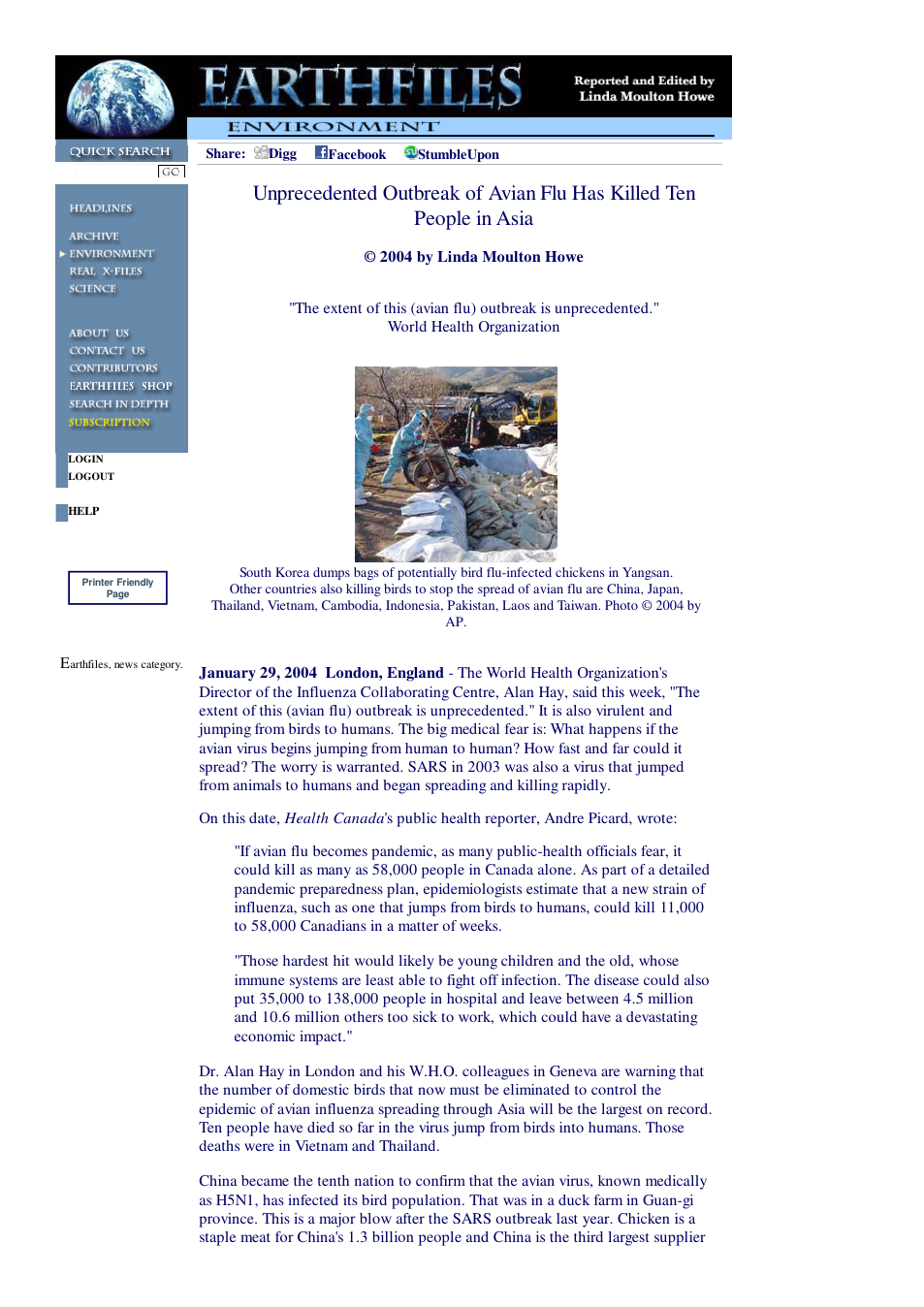 01 29 2004 Unprecedented Outbreak of Avian Flu Has Killed Ten People in Asia cover