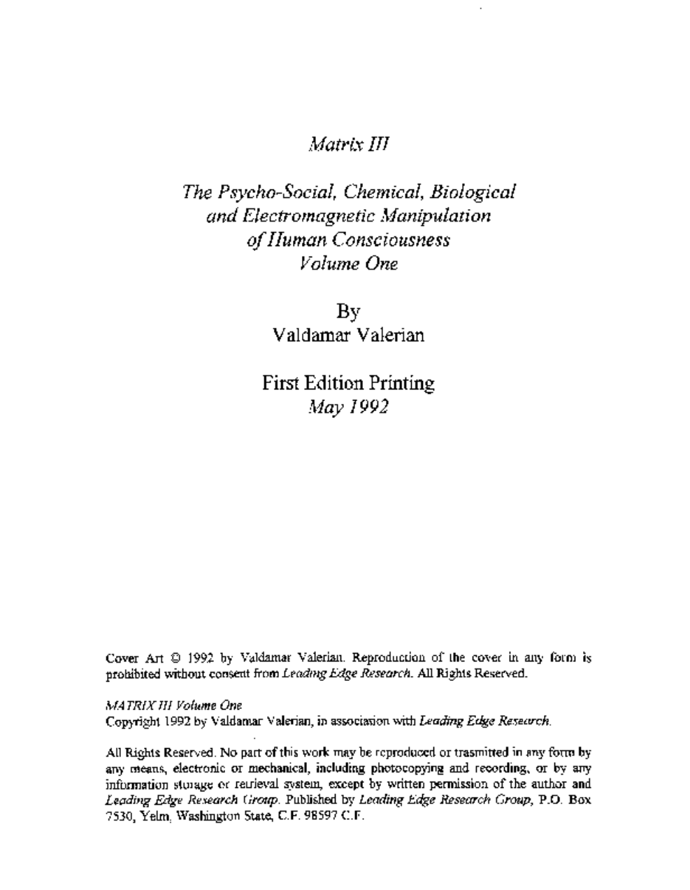 Valdamar Valerian - Matrix III Volume 1 cover