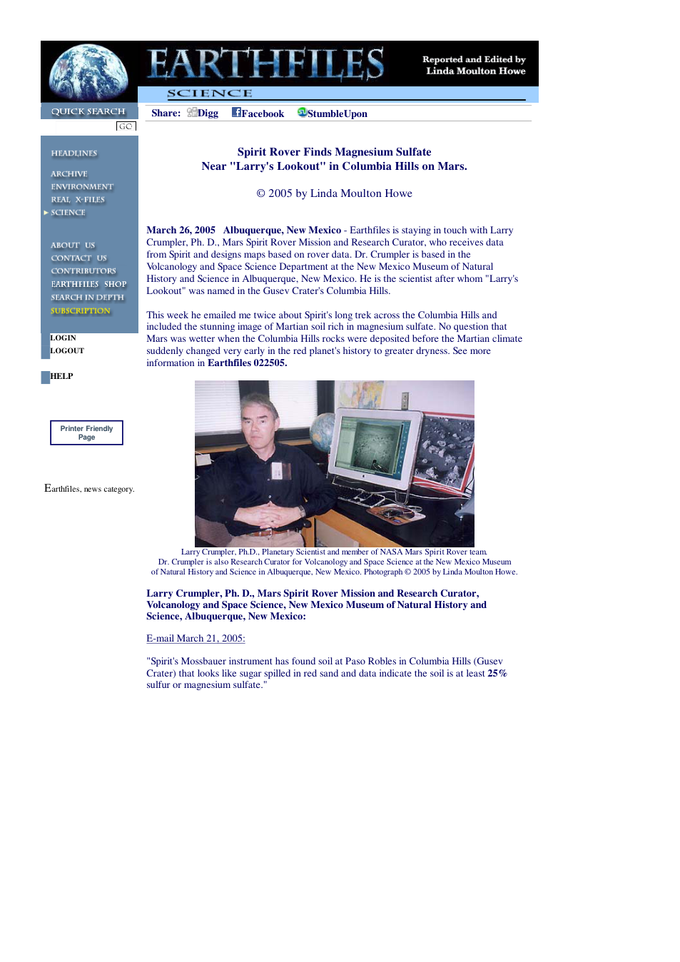 03 26 2005 Spirit Rover Finds Magnesium Sulfate Near Larry's Lookout in Columbia Hills on Mars. cover