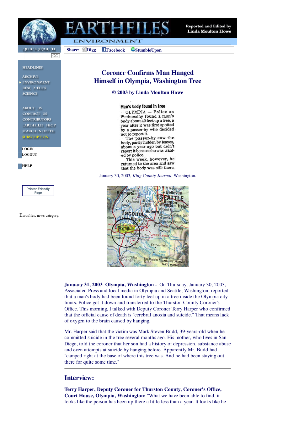 01 31 2003 Coroner Confirms Man Hanged Himself in Olympia, Washington Tree cover