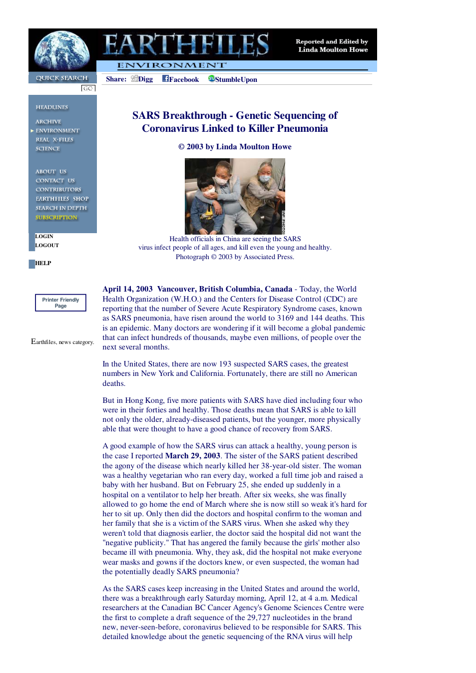 04 14 2003 SARS Breakthrough - Genetic Sequencing of Coronavirus Linked to Killer Pneumonia cover