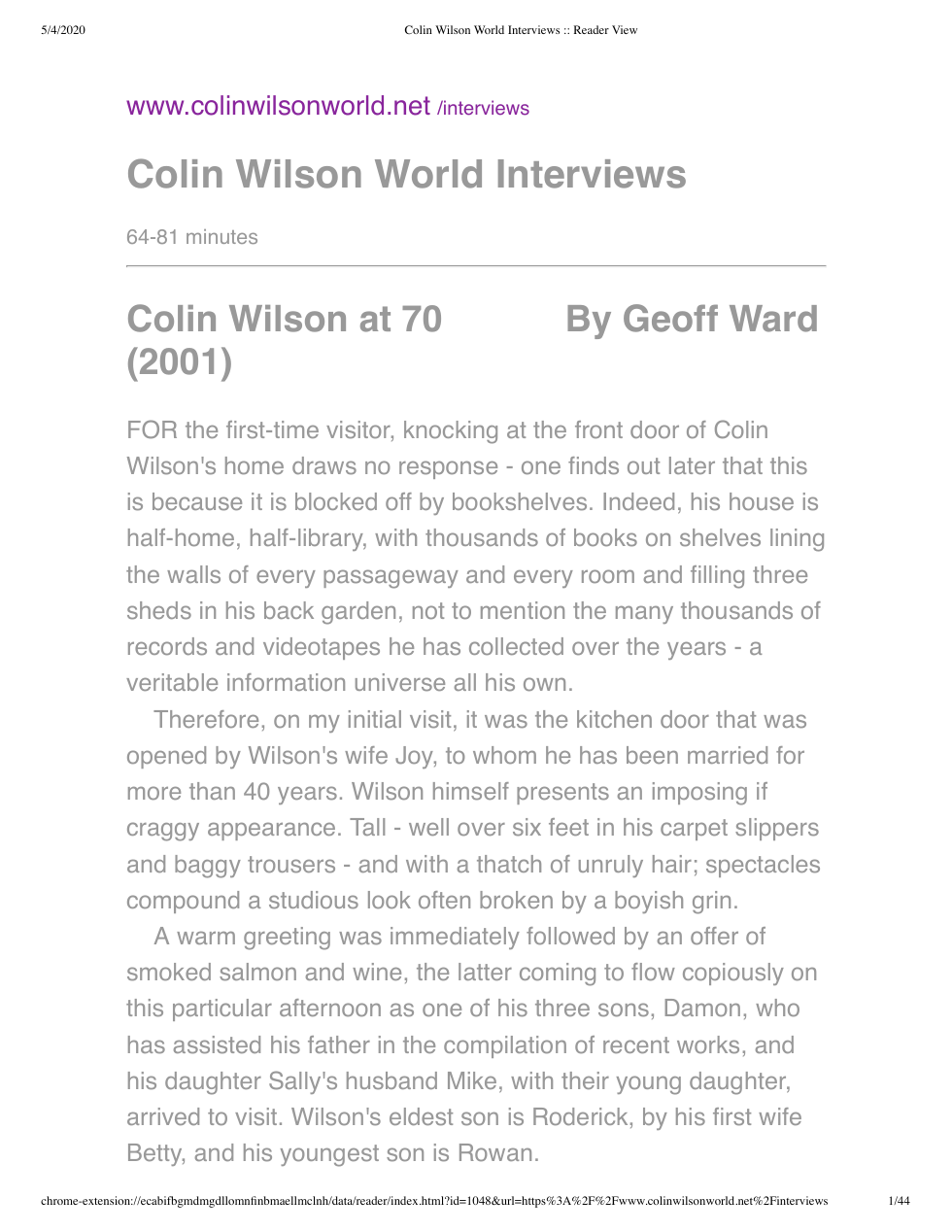 Colin Wilson - Interview - World Interviews 2001 cover