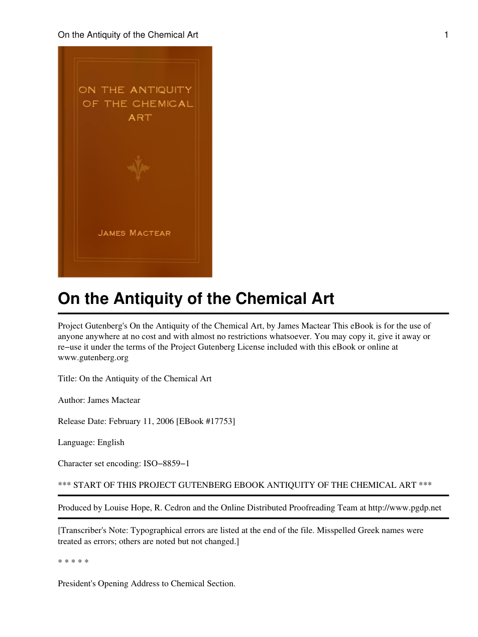 On Antiquityof Chemical Art cover