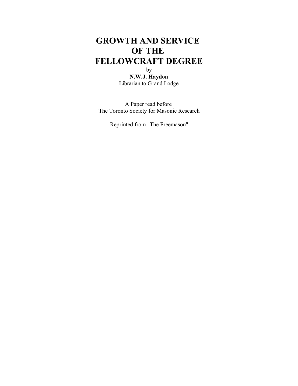 Growth and Service of the Fellowcraft Degree - N Haydon cover