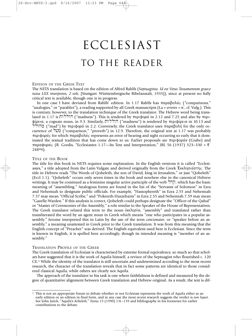 26 Ecclesiast, tr. Peter J. Gentry cover