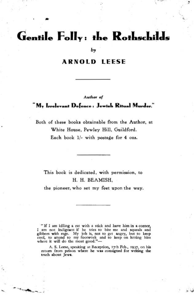 Leese, Arnold - Gentile Folly, The Rothschilds (1940) cover