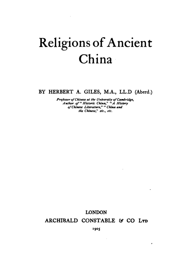 Religions of Ancient China - H A Giles cover