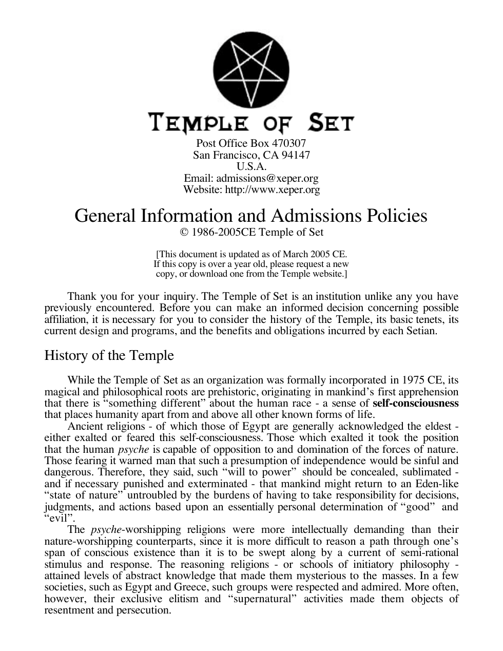 Temple of Set Information Letter cover