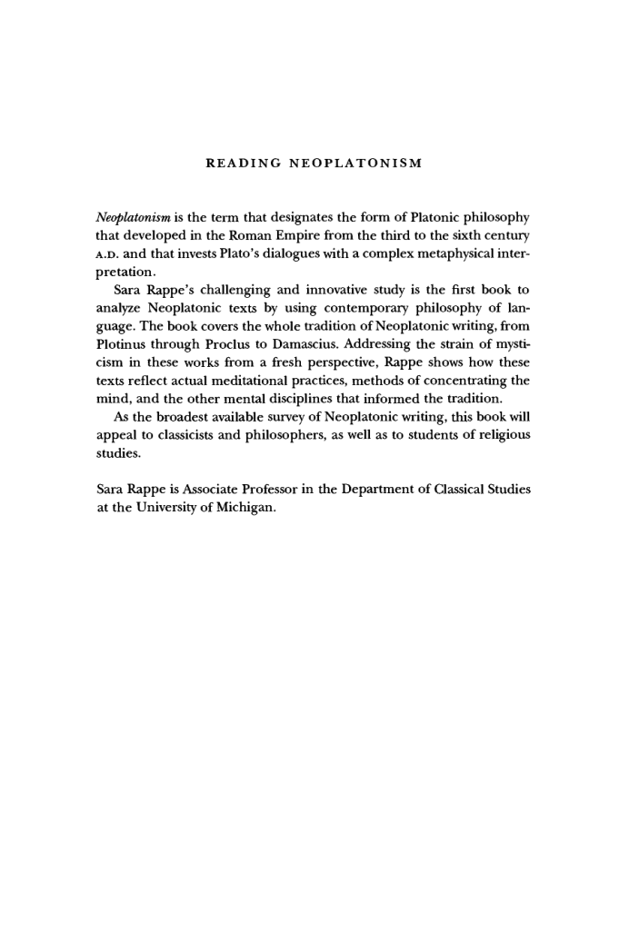 Sara Rappe Reading Neoplatonism Non-discursive Thinking in the Texts of Plotinus, Proclus, and Damascius cover