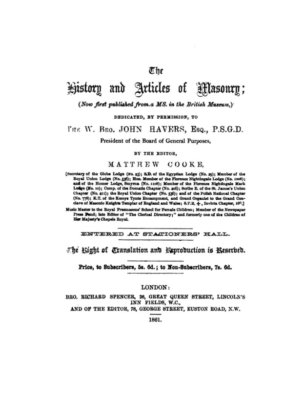 The History & Articles of Masonry - M Cooke cover