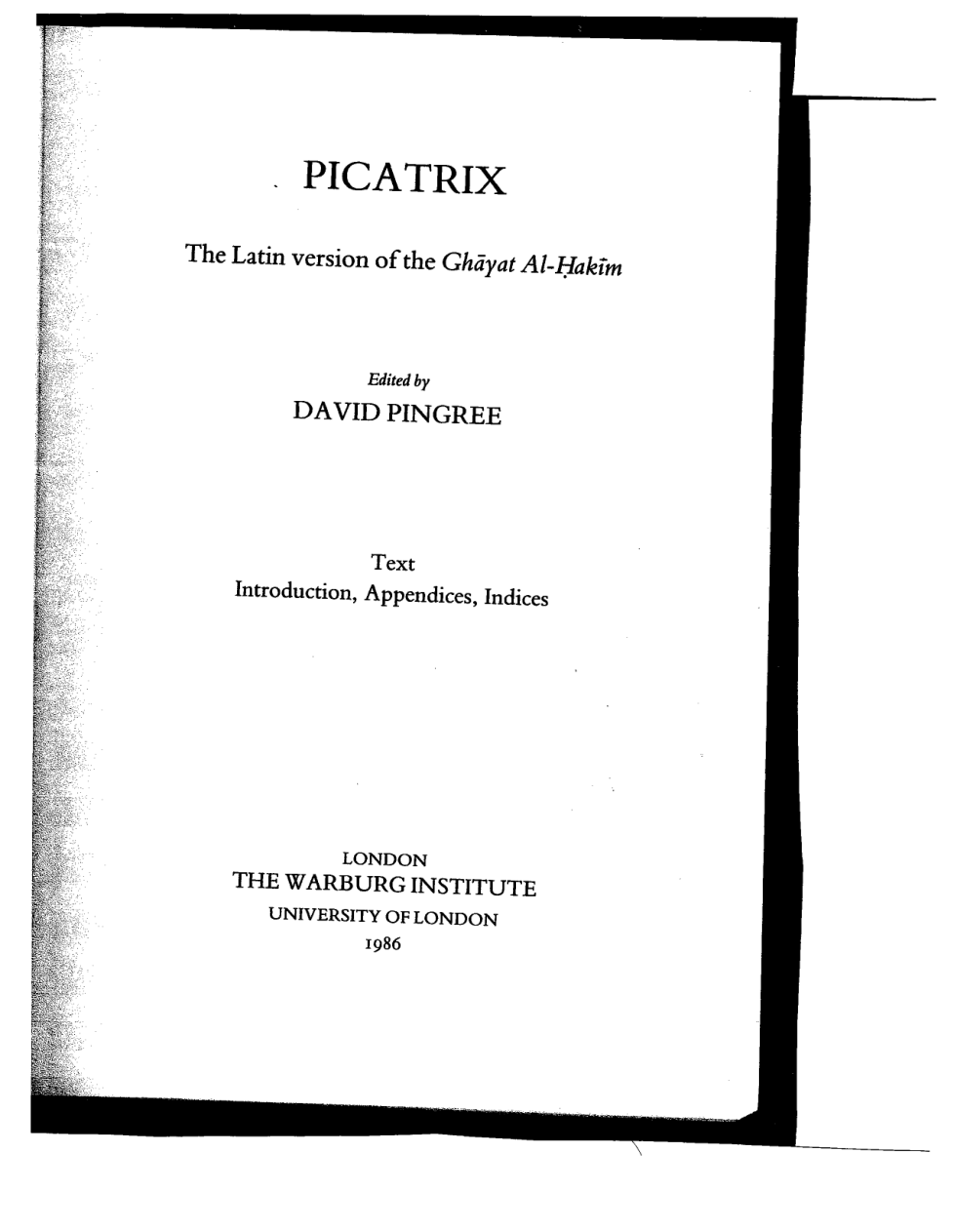 The Latin version of the Picatrix by David Pingree cover