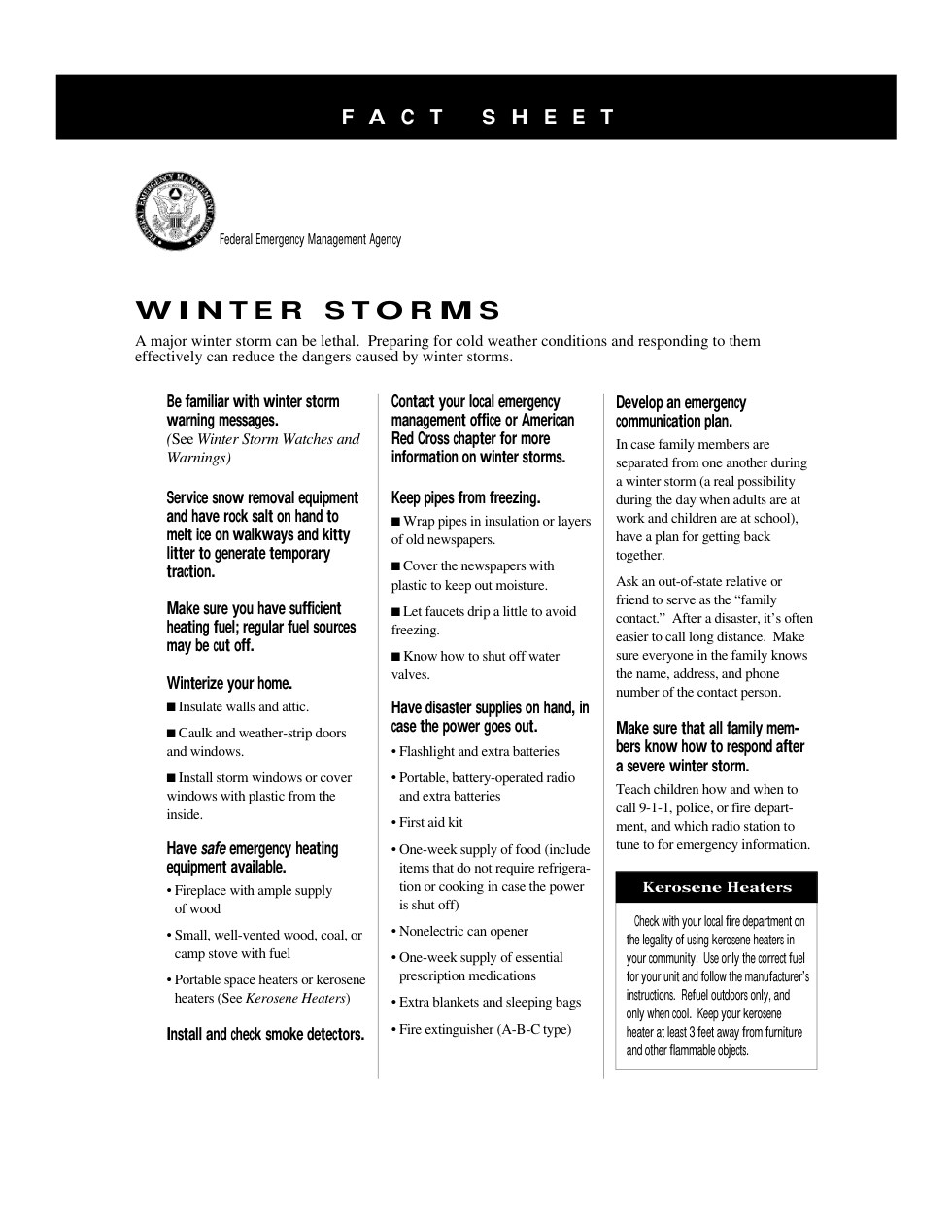 FEMA Winter Storms - Fact Sheet 1993 4 pages cover