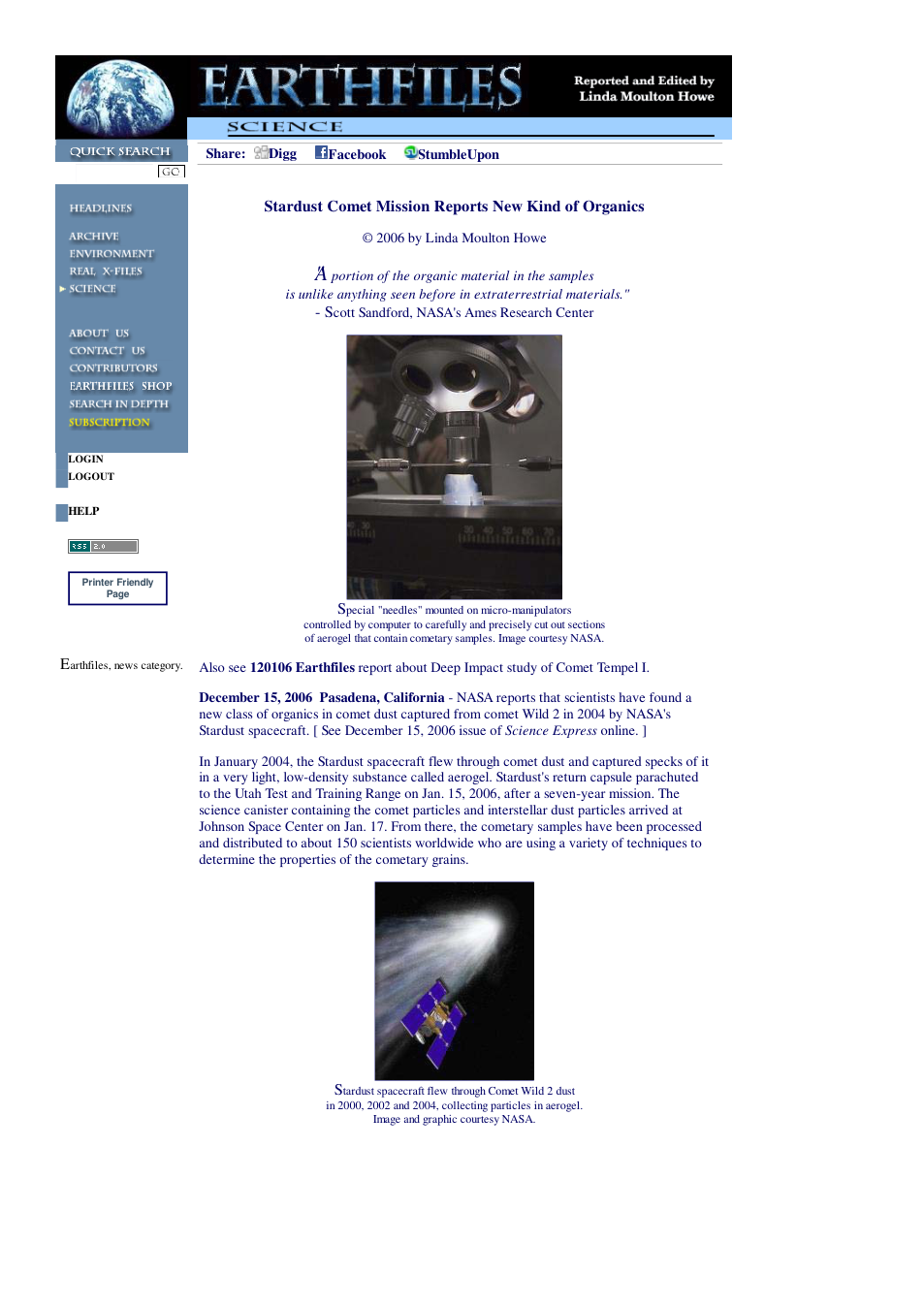 12 15 2006 Stardust Comet Mission Reports New Kind of Organics cover