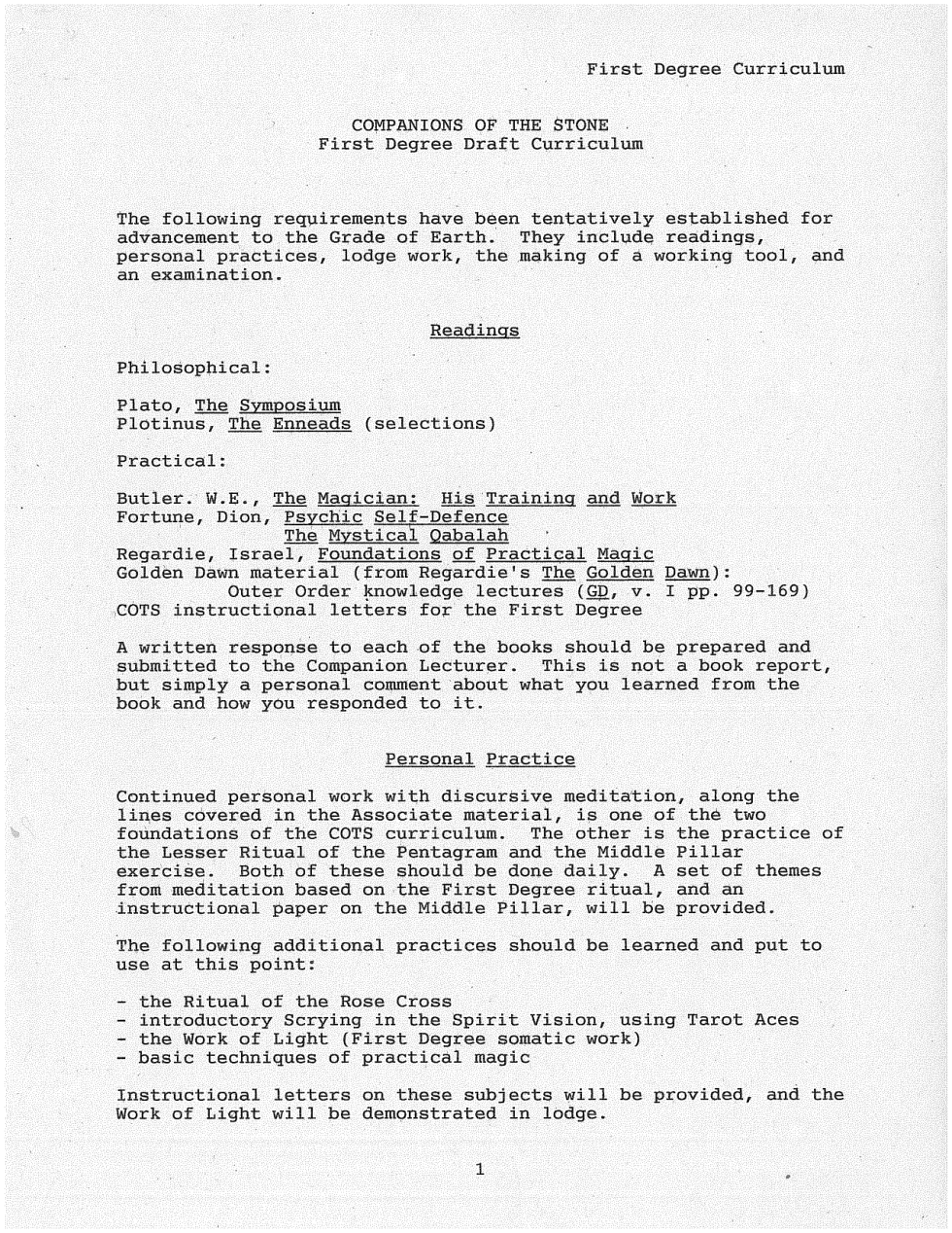 Draft First Degree Curriculum and Letters cover