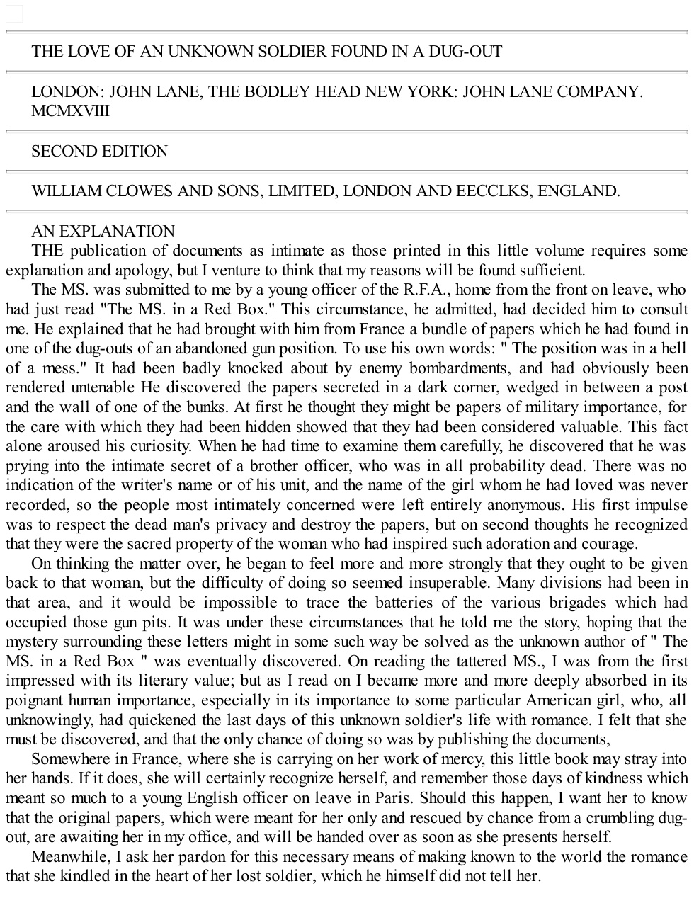 war - the love of an unknown soldier 1918 cover