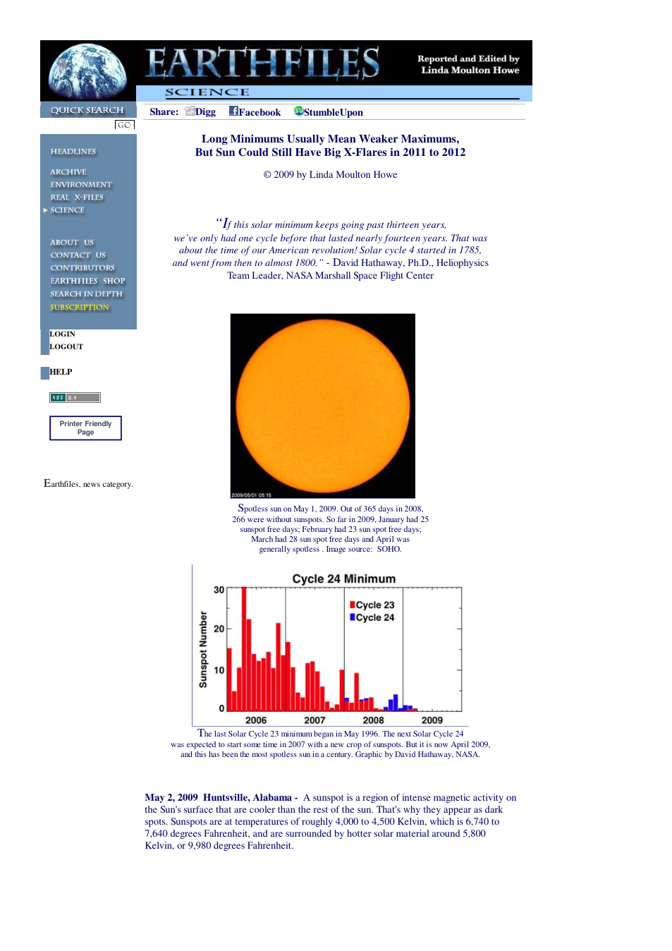 05 02 2009 Long Minimums Usually Mean Weaker Maximums, But Sun Could Still Have Big X-Flares in 2011 to 2012 cover