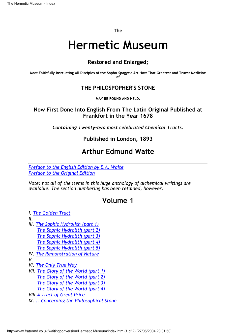 Waite, Arthur Edward - The Hermetic Museum - The Philosopher's Stone 1678 - Translated 1893 cover