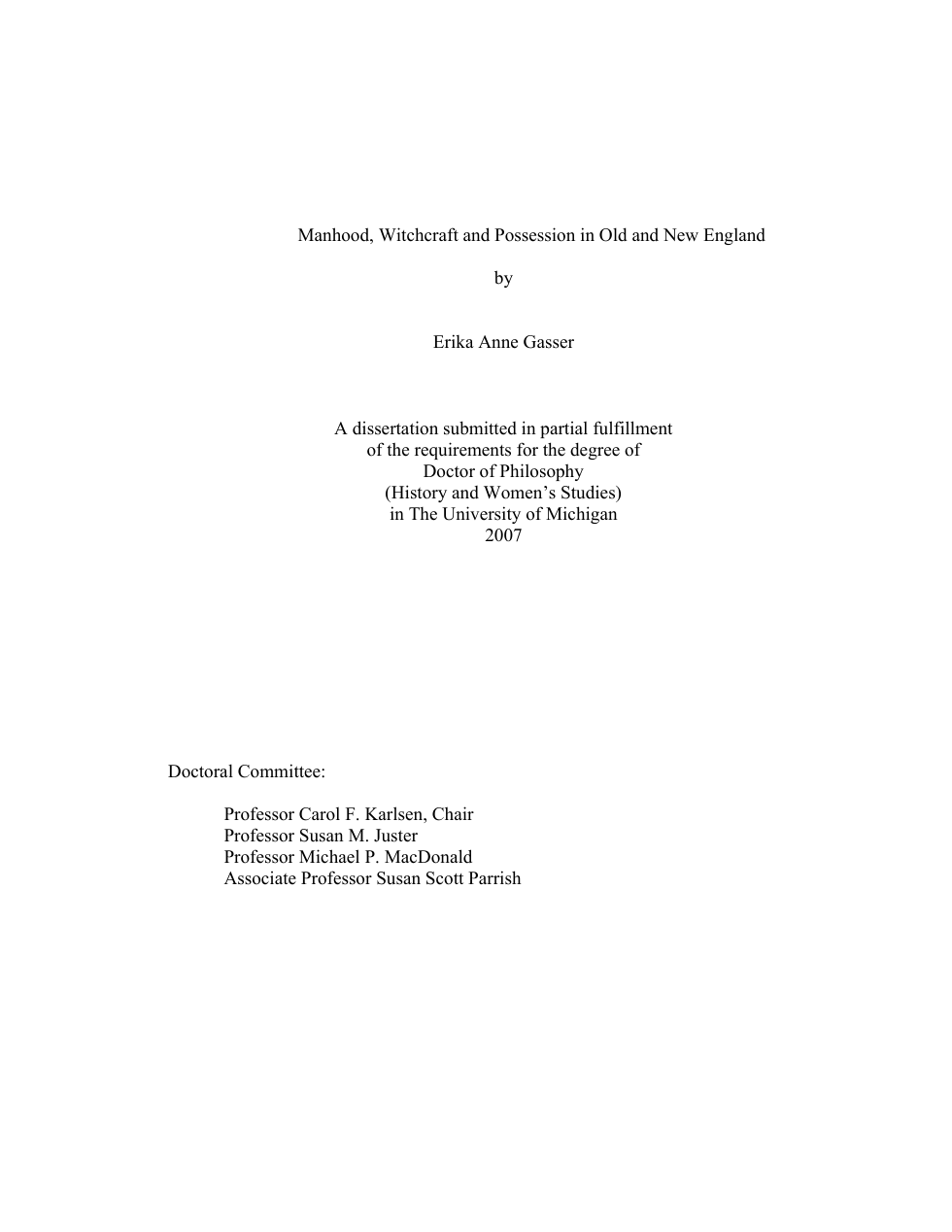 Erika Anne Gasser - Manhood, Witchcraft and Possession in Old and New England cover