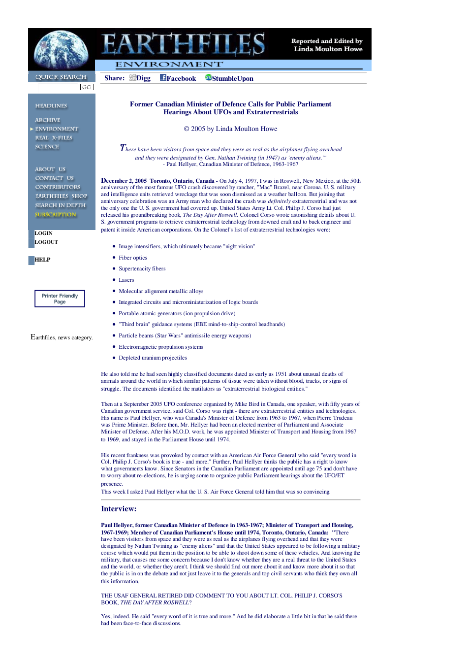 12 02 2005 Former Canadian Minister of Defence Calls for Public Parliament Hearings About UFOs and Extraterrestrials cover