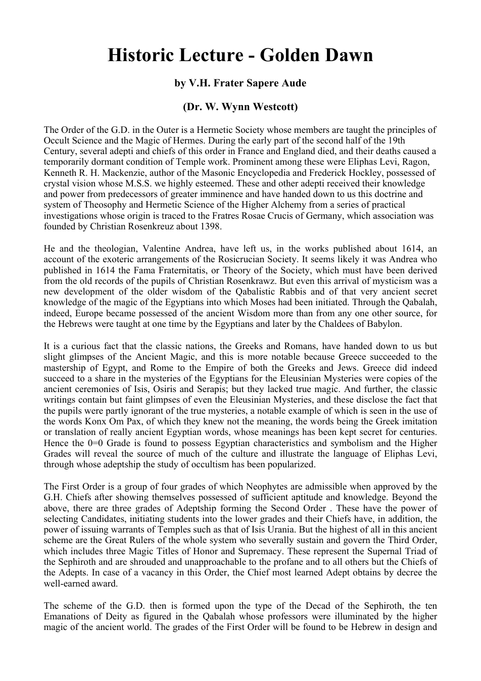 Historic Lecture - The Golden Dawn by Frater Aude cover