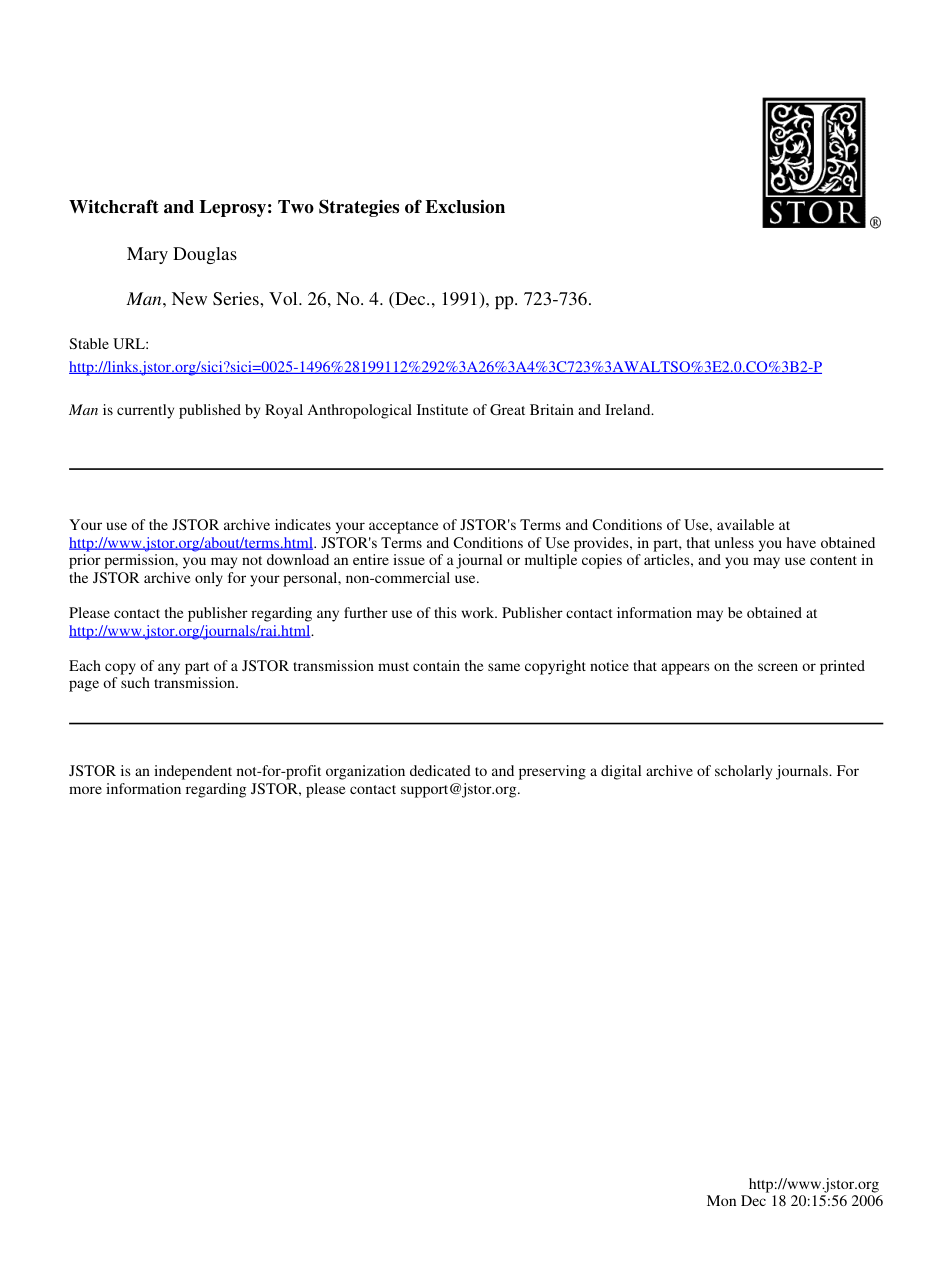 Douglas, Witchcraft and Leprosy two strategies of exclusion cover