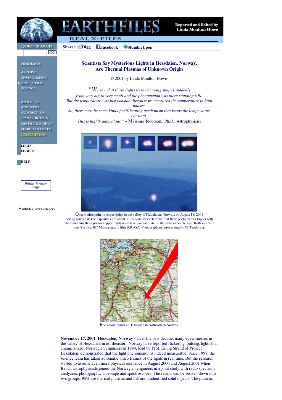 11 17 2001 Scientists Say Mysterious Lights in Hessdalen, NorwayAre Thermal Plasmas of Unknown Origin cover